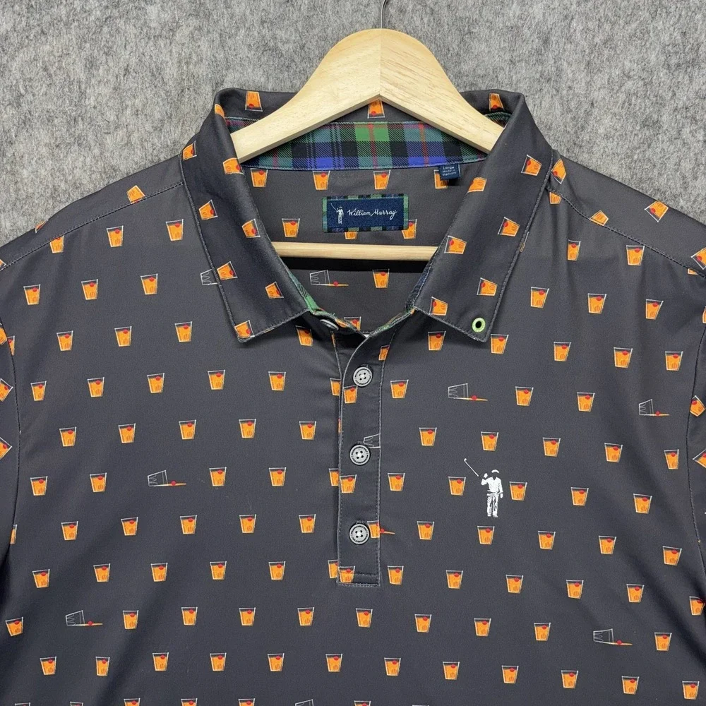 William Murray Golf Polo Shirt Men Large Geometric Alcohol Fireball Whiskey Shot